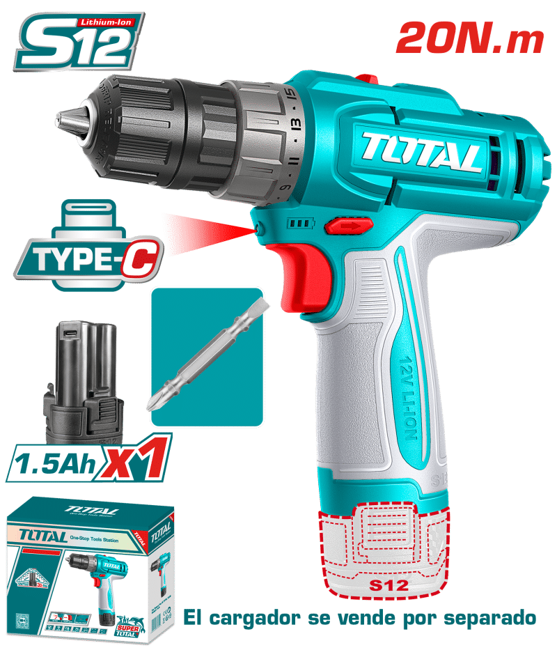 TALADRO 12V S12 20NM 0.8-10MM 0-400/0-1500RPM (15+1) 1X1.5AH TYPE-C + MALETIN