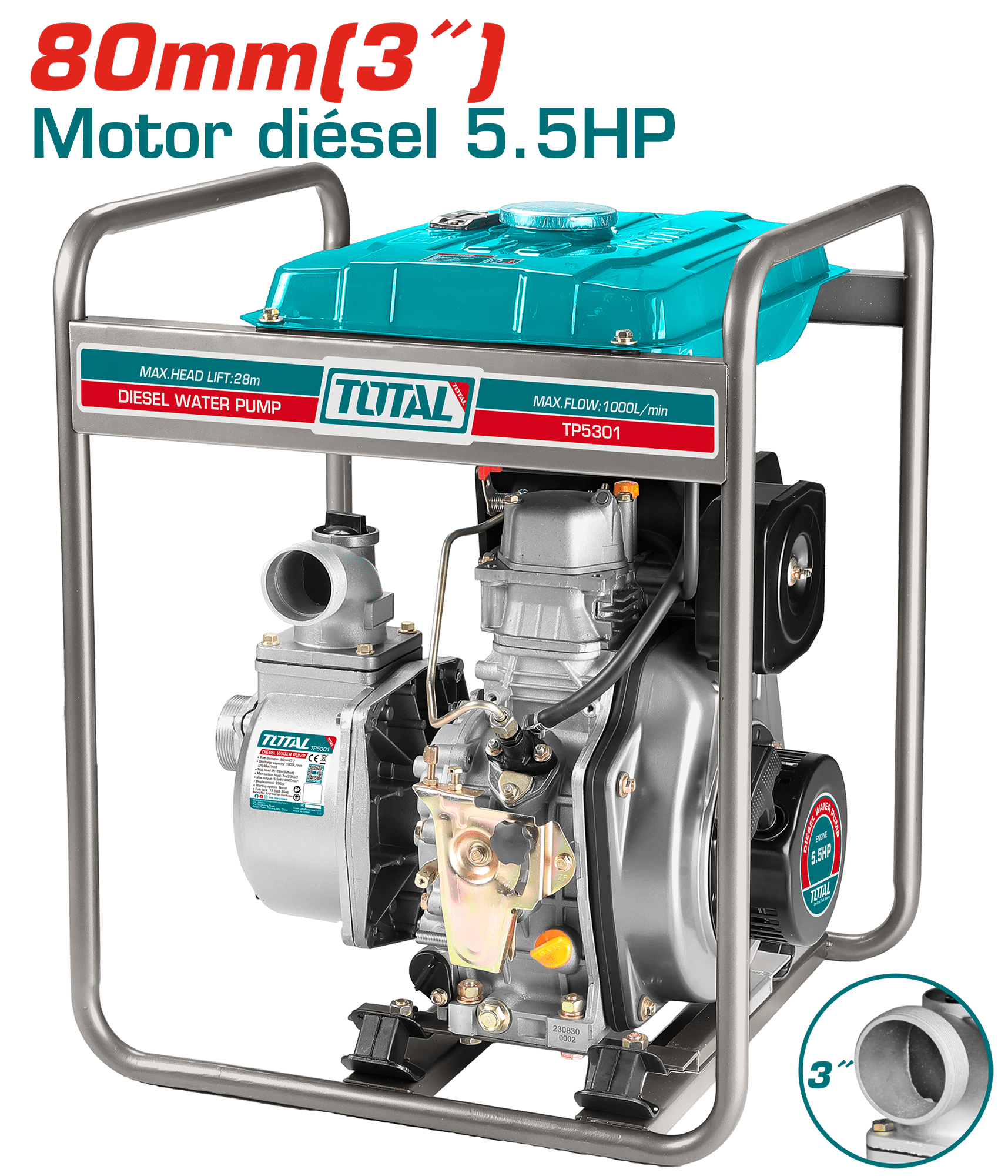 MOTOBOMBA DIESEL 80MM (3'') 5.5HP 1000L/MIN ALTURA:28M