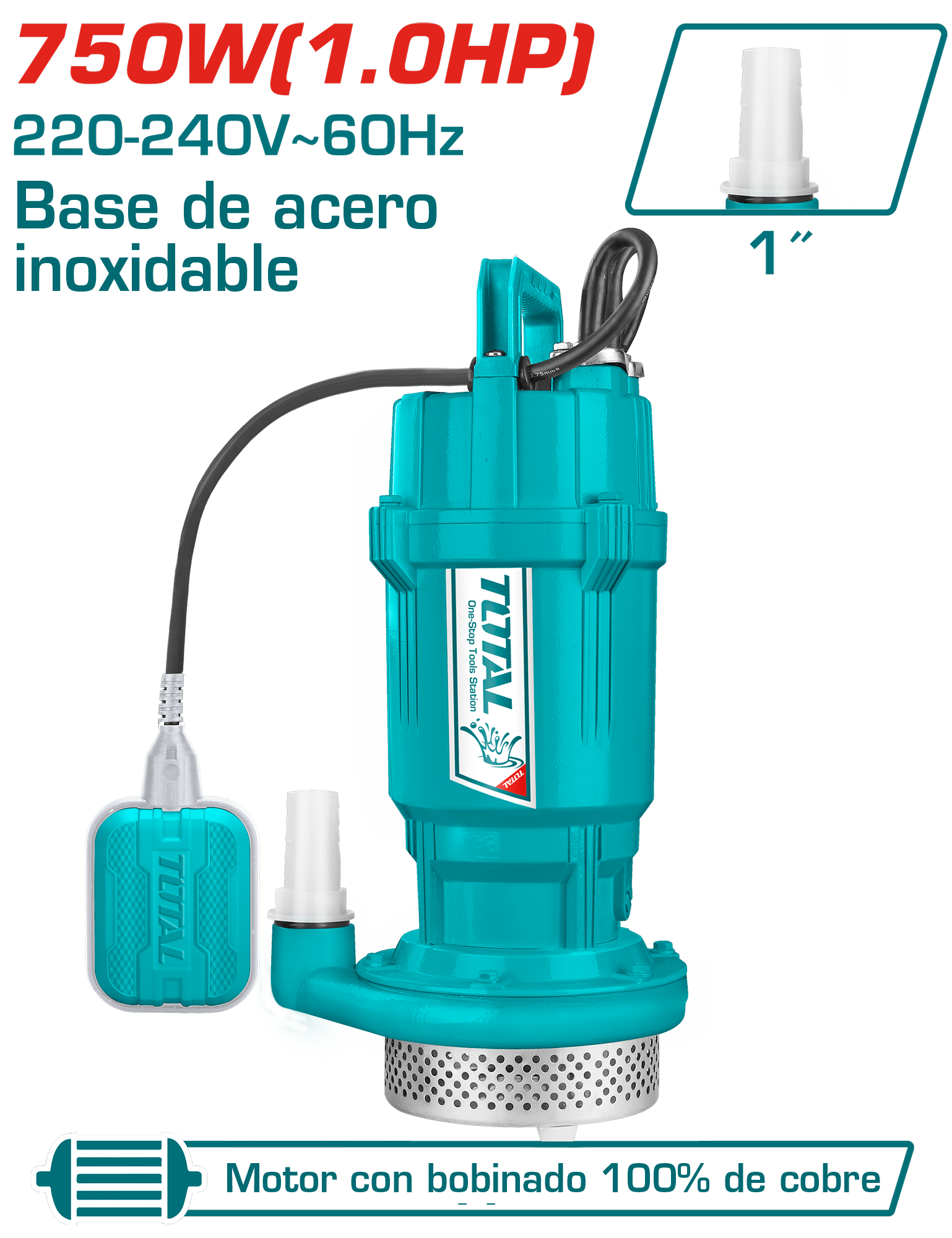 BOMBA SUMERGIBLE AC INOX 750W(1.0HP) H:32M C:7.5M3/H S:1''