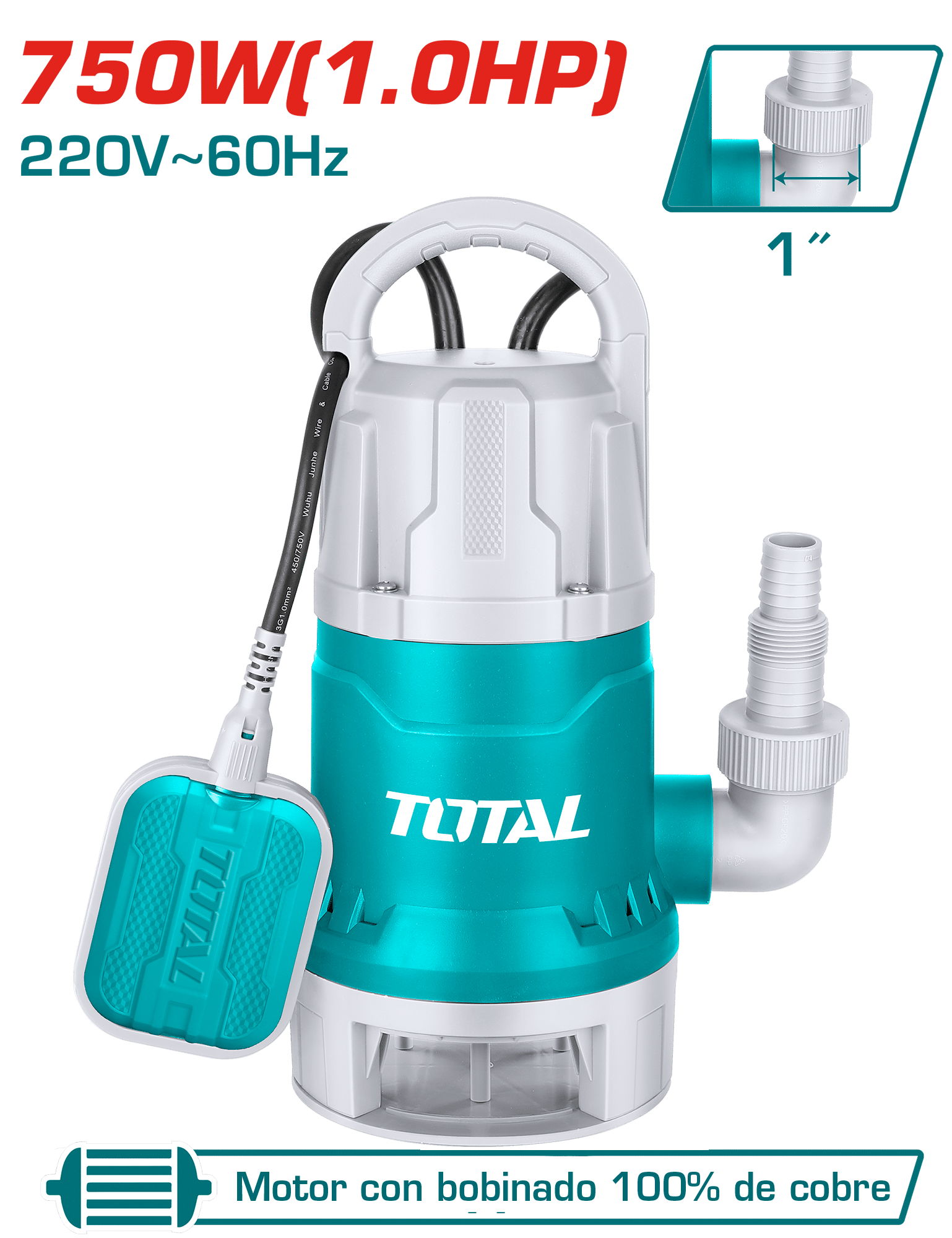 BOMBA SUMERGIBLE A/RESIDUAL AC INOX 750W(1.0HP) H:7M C:217L/MIN S:1PULG