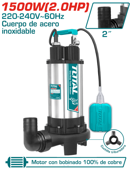 BOMBA SUMERGIBLE A/RESIDUAL AC INOX 1500W(2.0HP) H:14.5M C:350L/MIN S:2PULG
