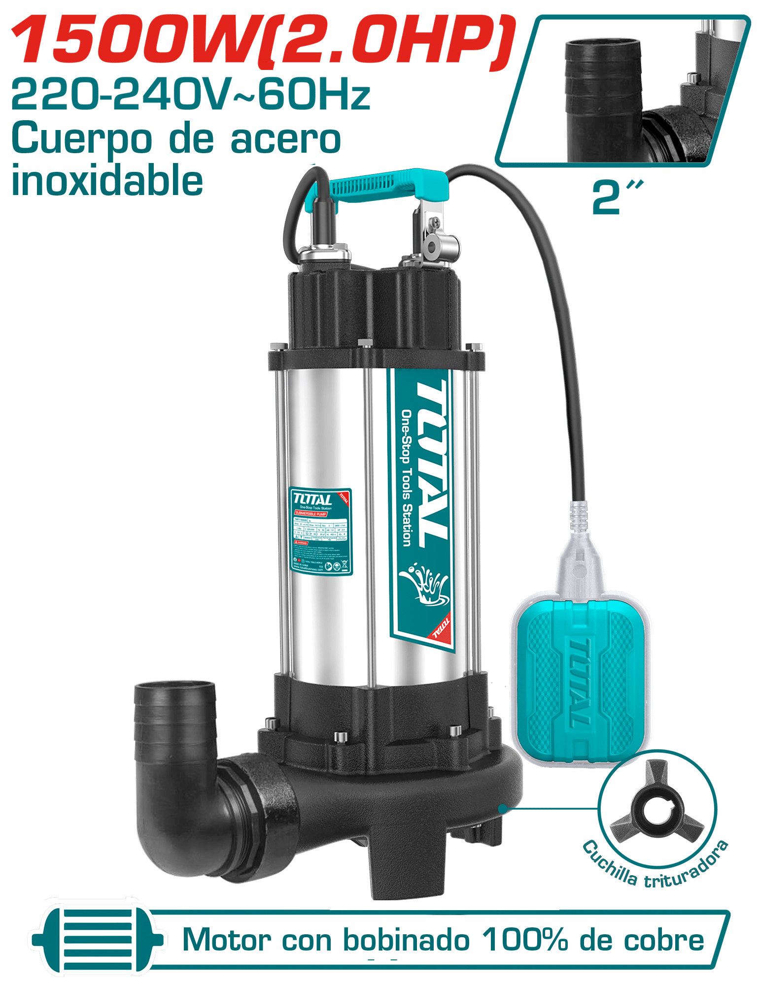 BOMBA SUMERGIBLE A/RESIDUAL AC INOX 1500W(2.0HP) H:14.5M C:350L/MIN S:2PULG