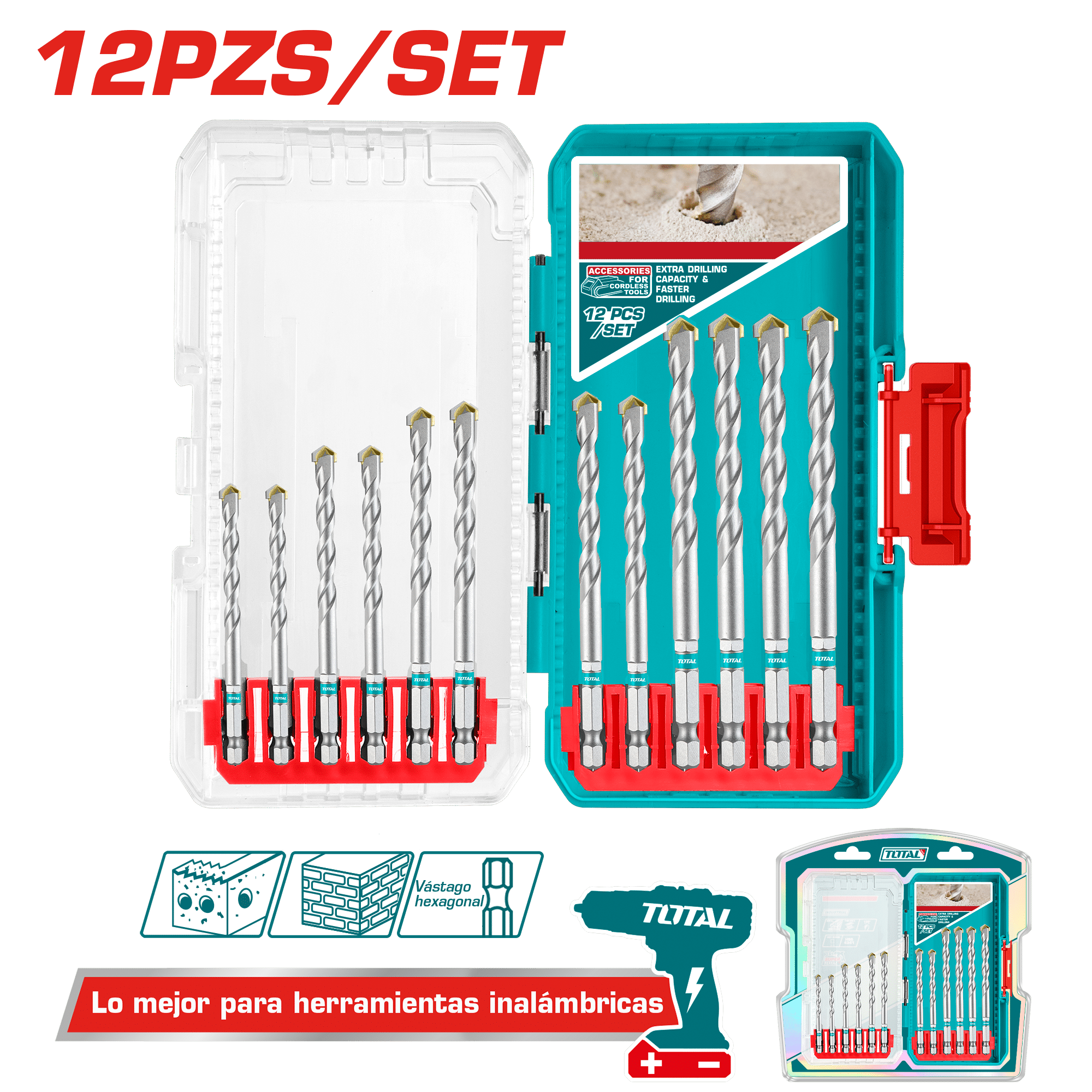 SET DE BROCAS ALBAÑILERIA 12PCS 3-10MM HEX + ESTUCHE INDUSTRIAL