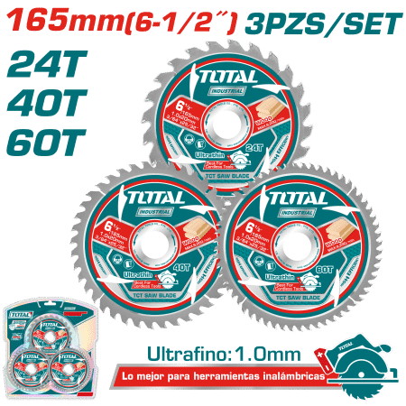SET DISCOS DENTADOS 165MM 3PCS 24T/40T/90T ULTRA DELGADO: 1MM INDUSTRIAL