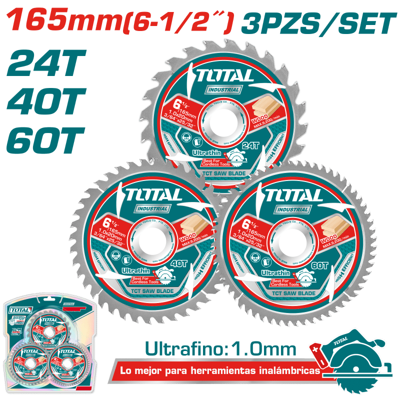 SET DISCOS DENTADOS 165MM 3PCS 24T/40T/90T ULTRA DELGADO: 1MM INDUSTRIAL