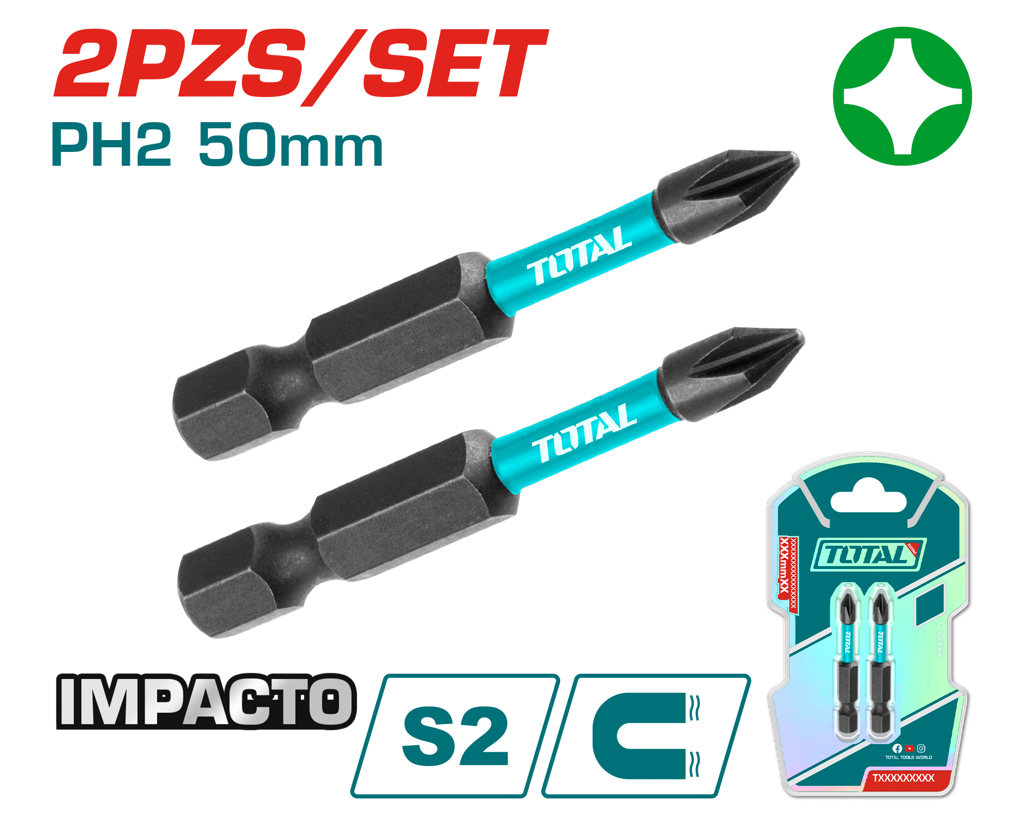 SET DE PUNTAS IMPACTO 65MM PH2 S2 MAGNETICO 2PCS INDUSTRIAL