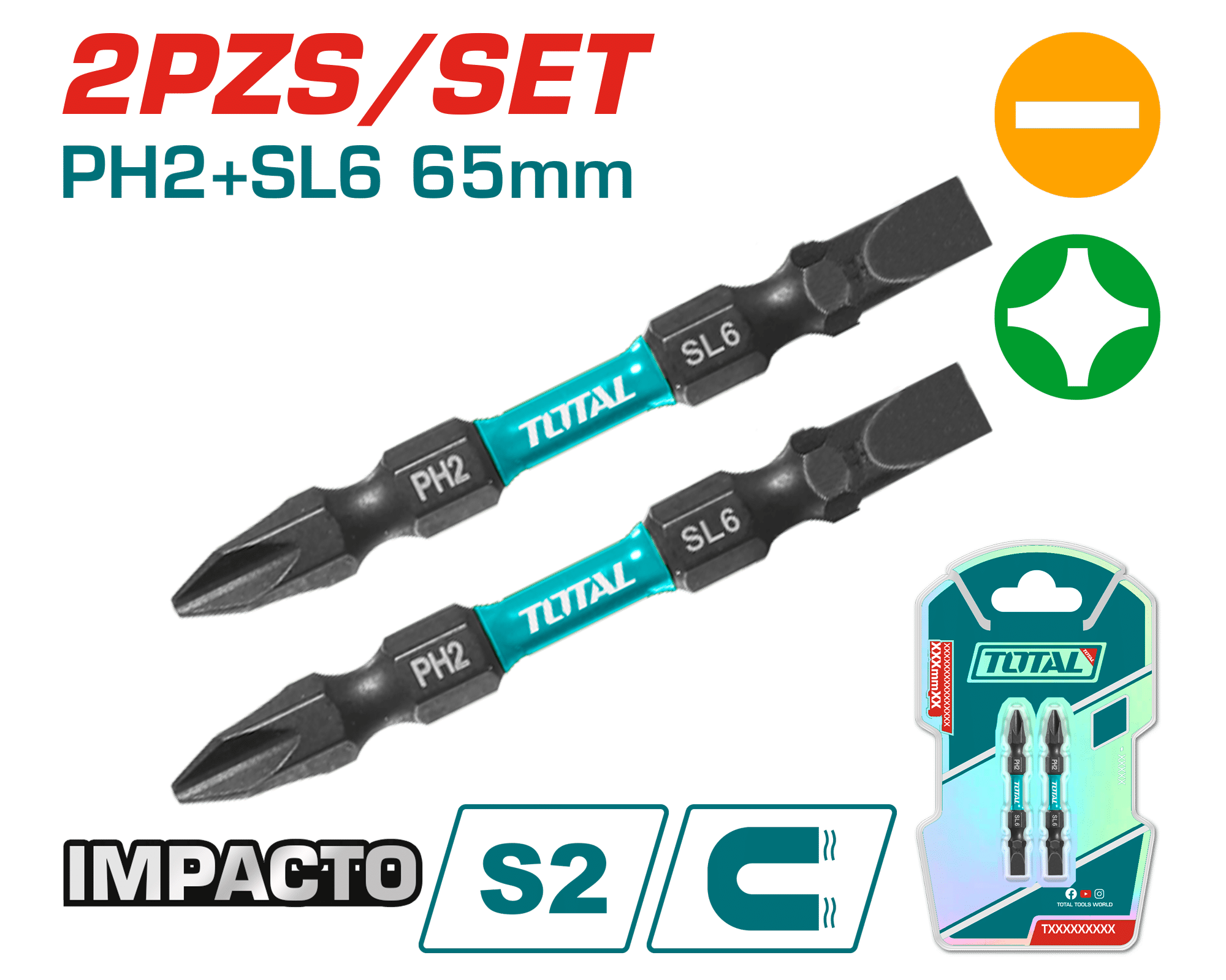 SET DE PUNTAS IMPACTO 65MM PH2+SL6 S2 MAGNETICO 2PCS DOBLE LADO INDUSTRIAL