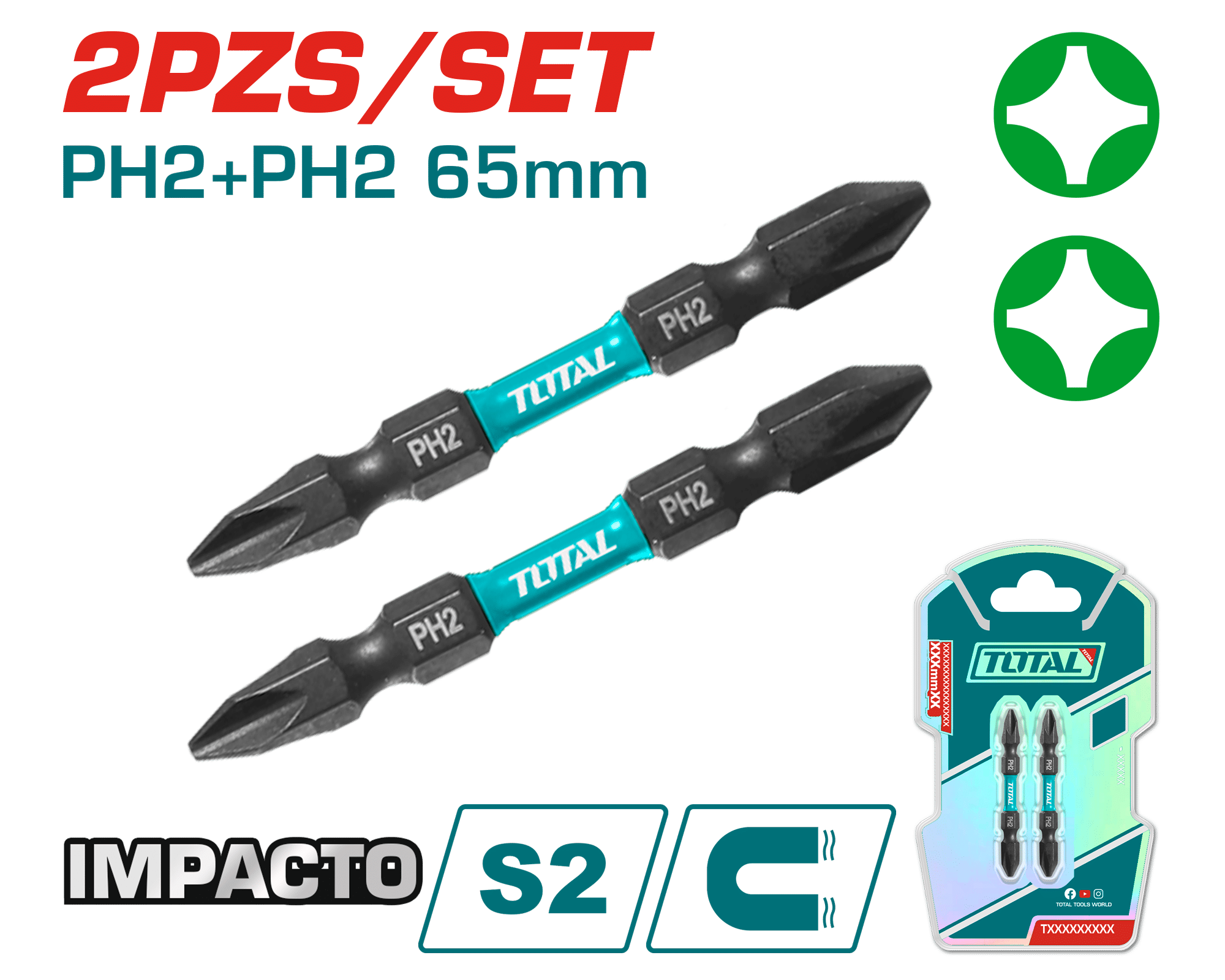 SET DE PUNTAS IMPACTO 65MM PH2+PH2 S2 MAGNETICO 2PCS DOBLE LADO INDUSTRIAL