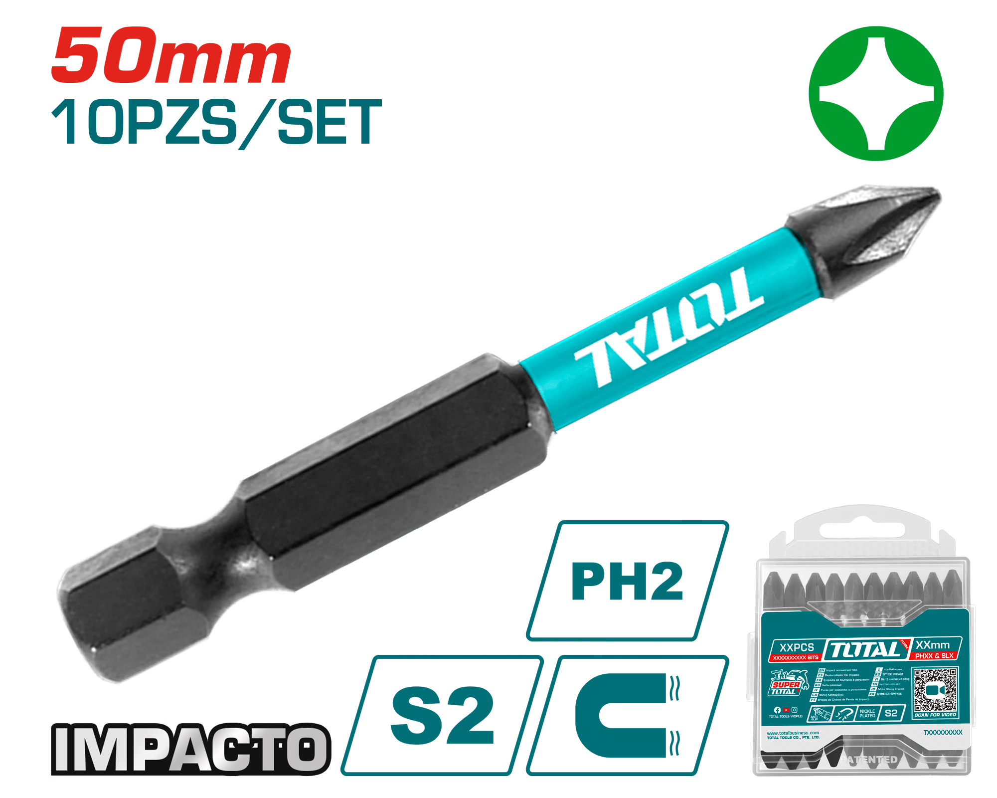 SET DE PUNTAS 50MM PH2 S2 10PCS MAGNETICAS INDUSTRIAL