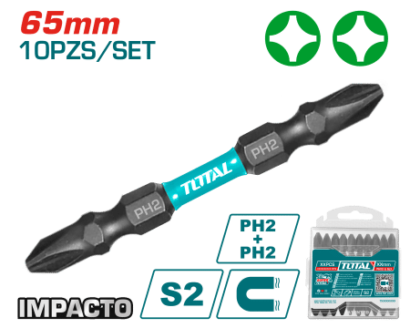SET DE PUNTAS 65MM PH2+PH2 S2 10PCS MAGNETICAS DOBLE LADO INDUSTRIAL