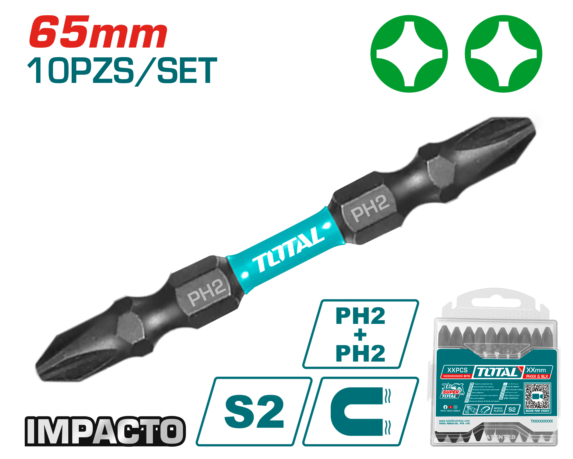 SET DE PUNTAS 65MM PH2+PH2 S2 10PCS MAGNETICAS DOBLE LADO INDUSTRIAL
