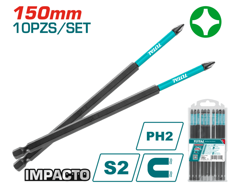 SET DE PUNTAS 200MM IMPACTO PH2 S2 MAGNETICAS 10PCS INDUSTRIAL