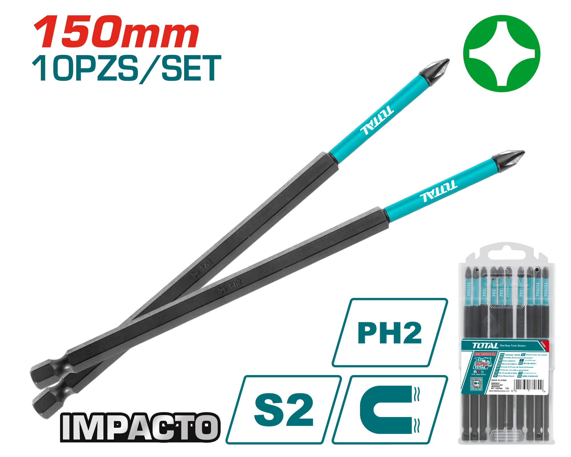 SET DE PUNTAS 200MM IMPACTO PH2 S2 MAGNETICAS 10PCS INDUSTRIAL