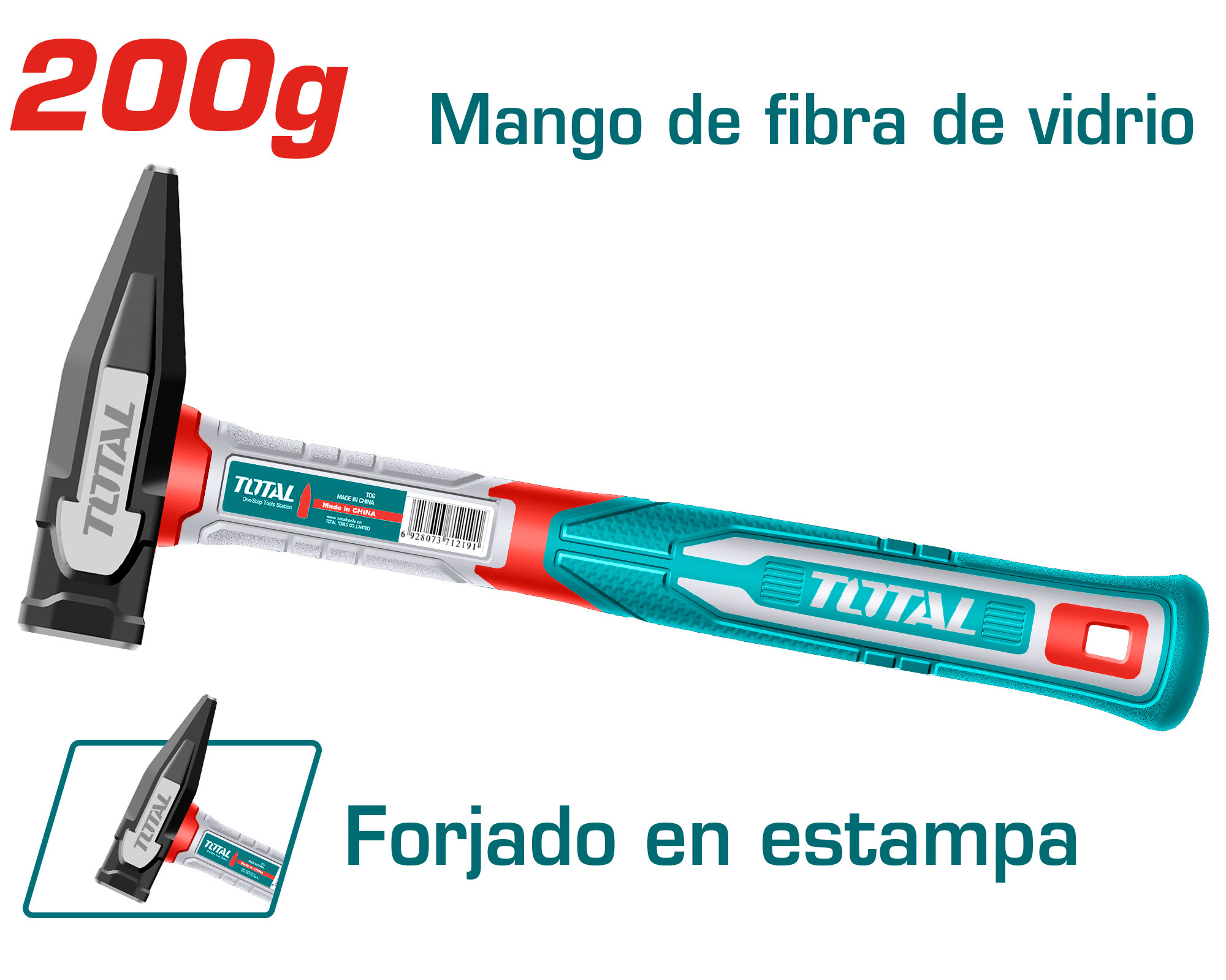 MARTILLO MECANICO 200G ACERO AL CARBON 45 + MANGO FIBRA DE VIDRIO