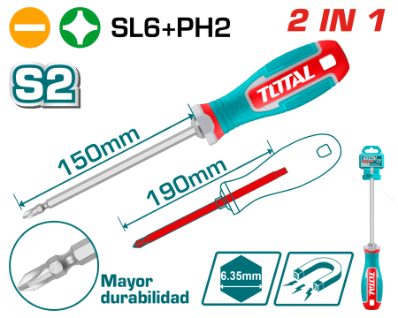DESARMADOR 6.35X192MM 2 EN 1 S2  (PH2 + SL6) MAGNETICO
