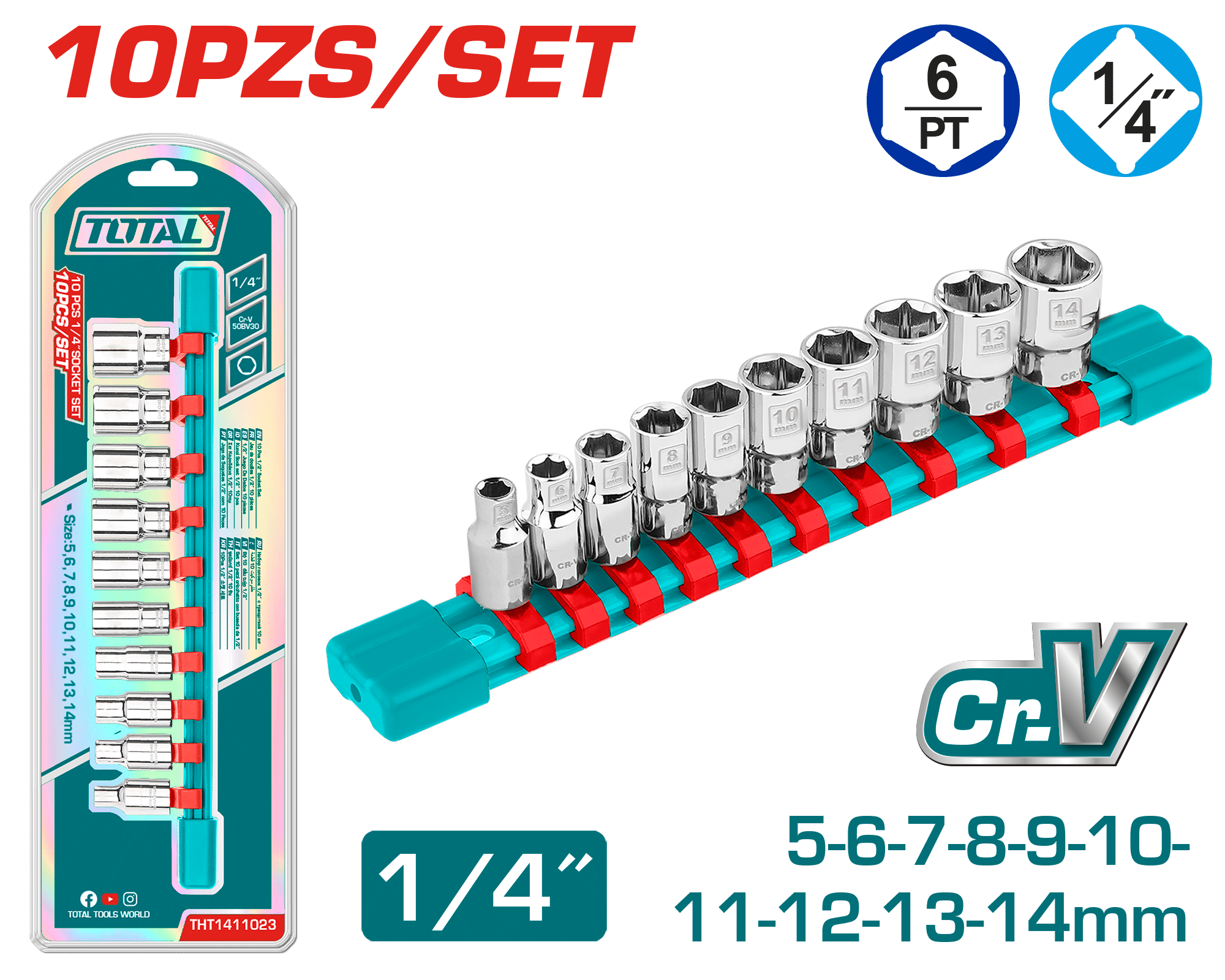 SET DE SOCKETS 1/4'' 10PCS 5-14MM INDUSTRIAL