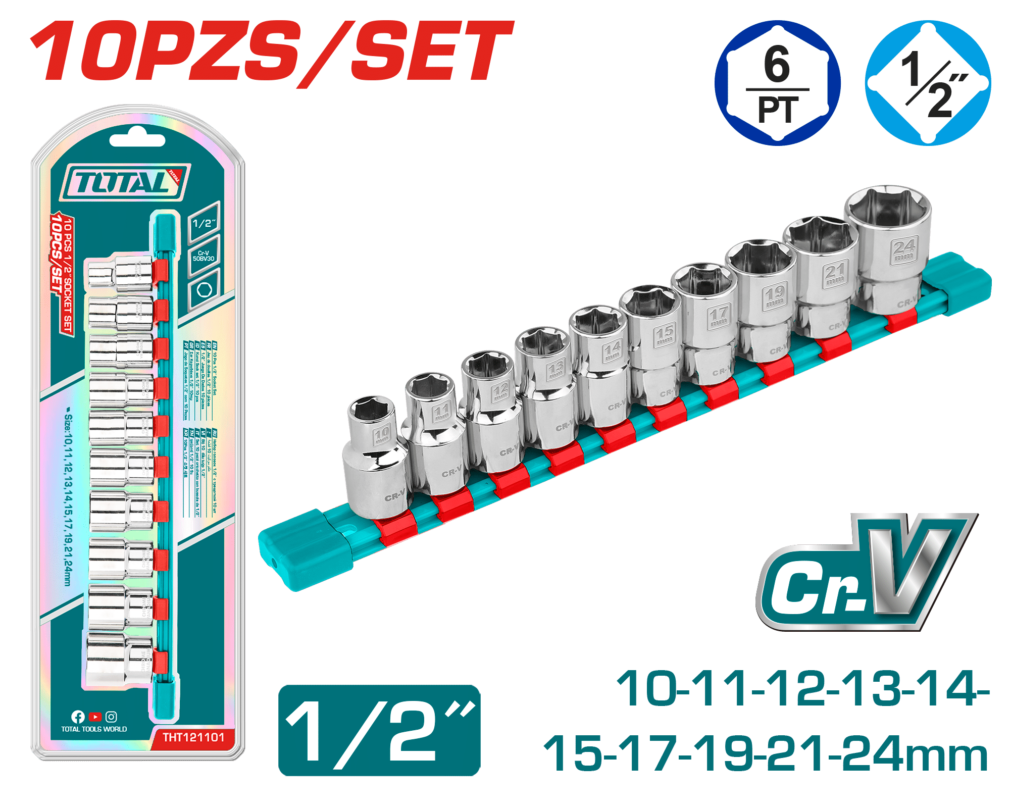 SET DE SOCKETS 1/2'' 10PCS 5-14MM INDUSTRIAL