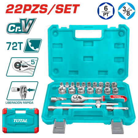 SET RACHET 3/8 + SOCKET 50BV30 22PCS + MALETIN INDUSTRIAL