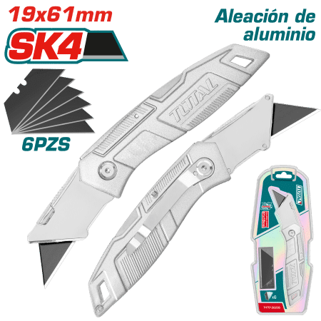 CUCHILLA UTILITARIA PLEGABLE HOJA: 19X61MM SK4 ALUMINIO + 6 HOJAS