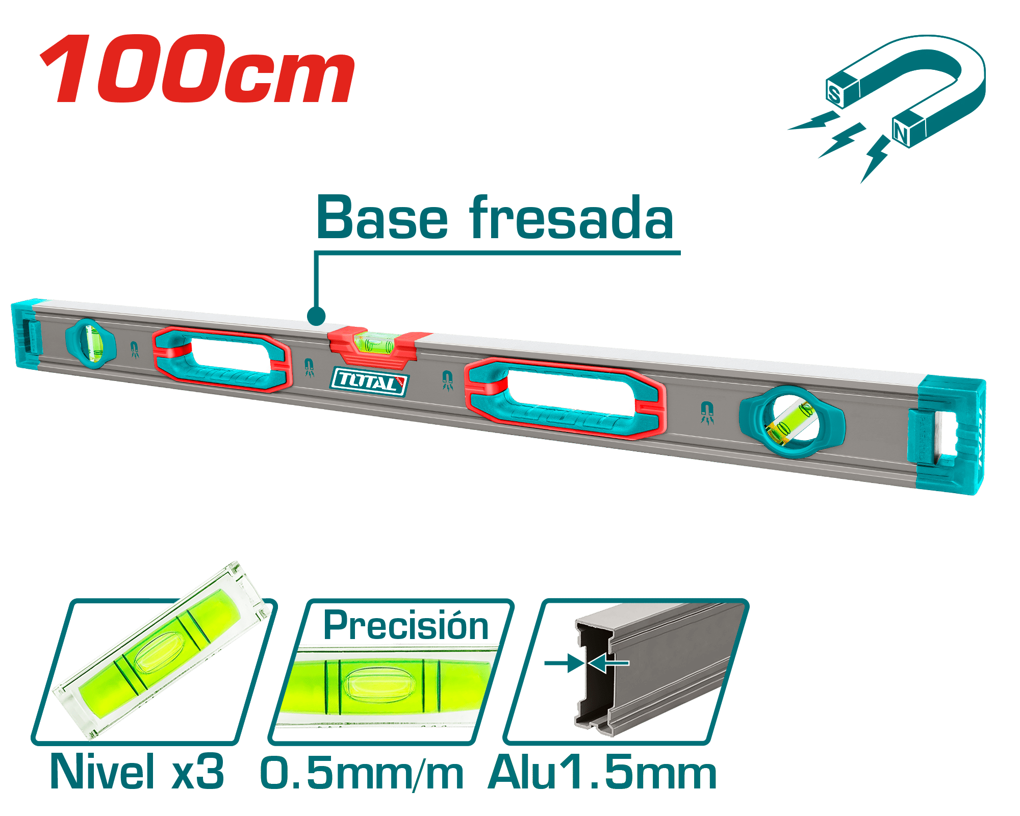 NIVEL BURBUJA 100CM B:3 ALUMINIO 1.5MM PRES:0.5MM SUPER MAGNETICO