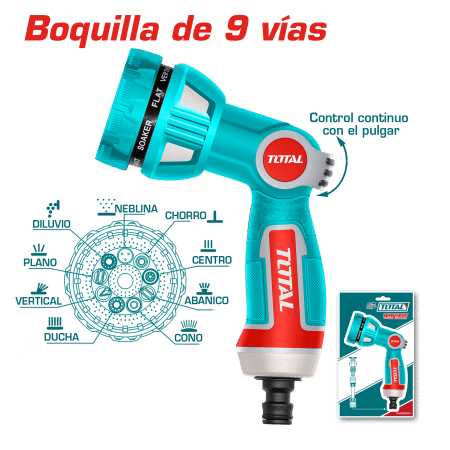 PISTOLA DE AGUA 9 PATRONES TPR AGARRE SUAVE CONTROL DE VELOCIDAD