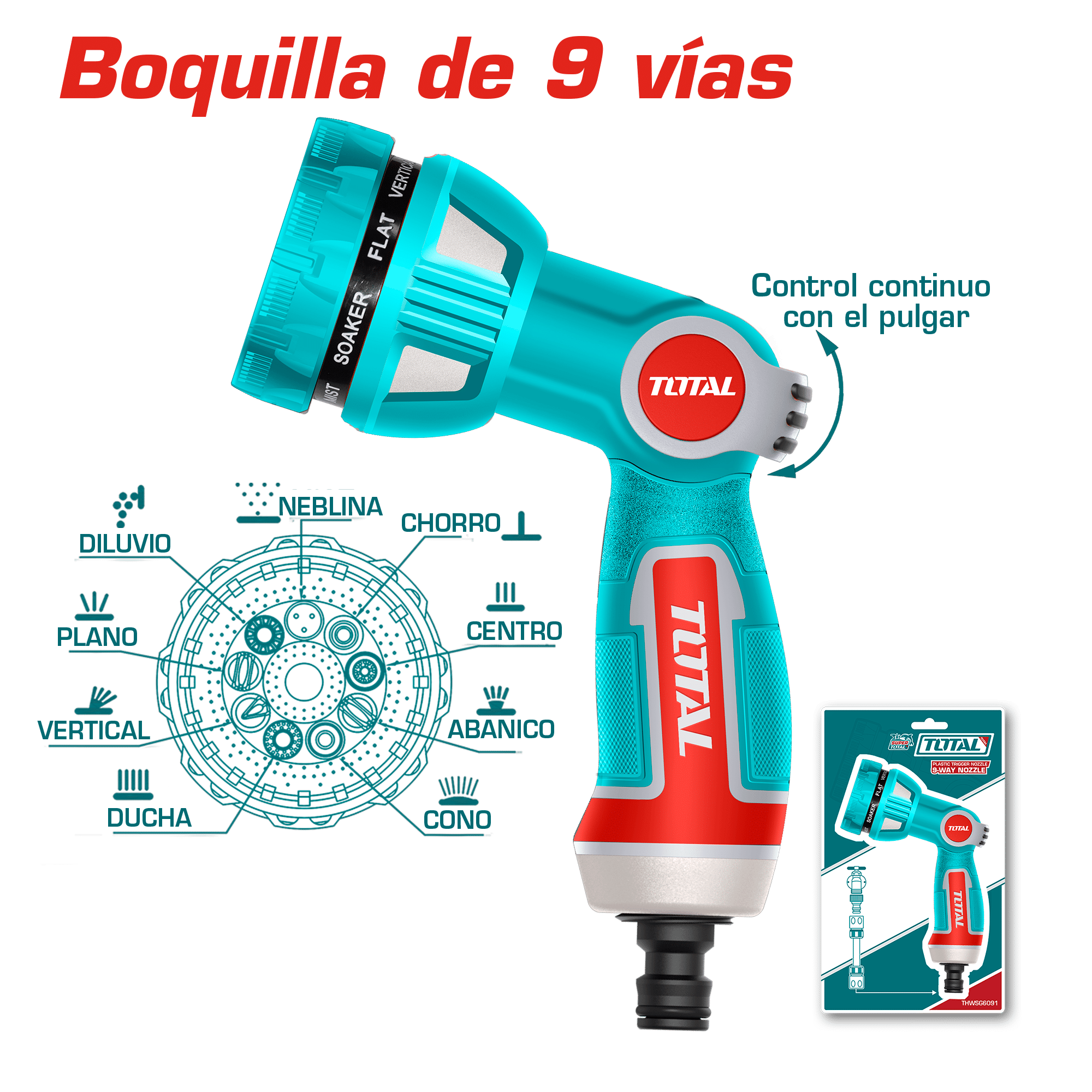 PISTOLA DE AGUA 9 PATRONES TPR AGARRE SUAVE CONTROL DE VELOCIDAD