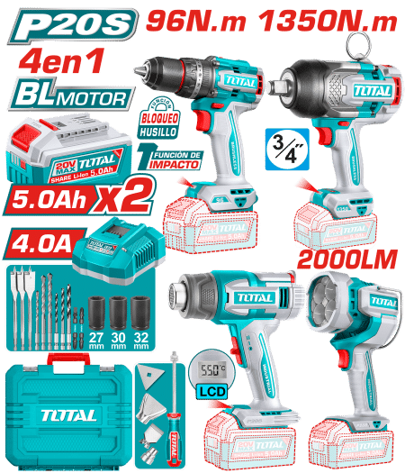 COMBO 4 EN 1 TALADRO PER. 96NM + LLAVE IMP. 1350NM + P.CALOR LCD + LINTERNA 2000LM + ACC+MAL INDUSTRIAL