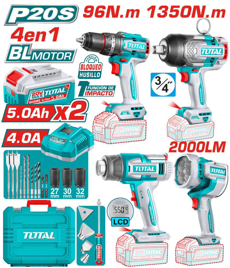 COMBO 4 EN 1 TALADRO PER. 96NM + LLAVE IMP. 1350NM + P.CALOR LCD + LINTERNA 2000LM + ACC+MAL INDUSTRIAL