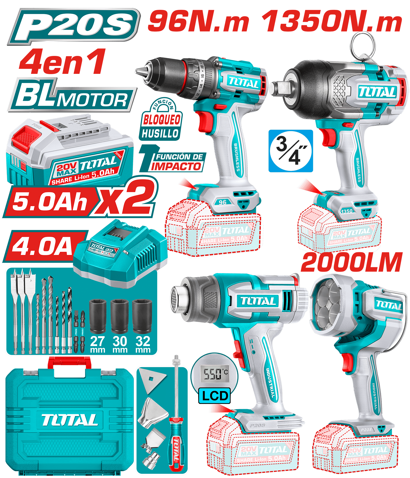 COMBO 4 EN 1 TALADRO PER. 96NM + LLAVE IMP. 1350NM + P.CALOR LCD + LINTERNA 2000LM + ACC+MAL INDUSTRIAL
