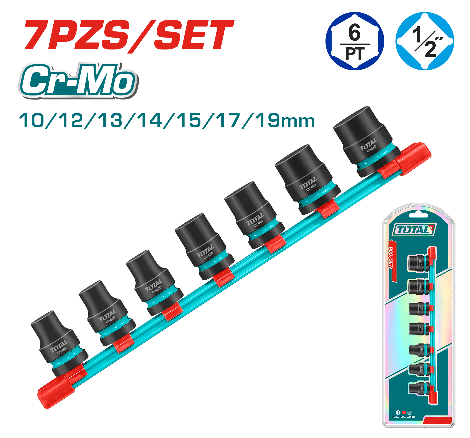 SET DADOS IMPACTO CORTO 1/2'' 10-19MM 7PCS CR-MO INDUSTRIAL