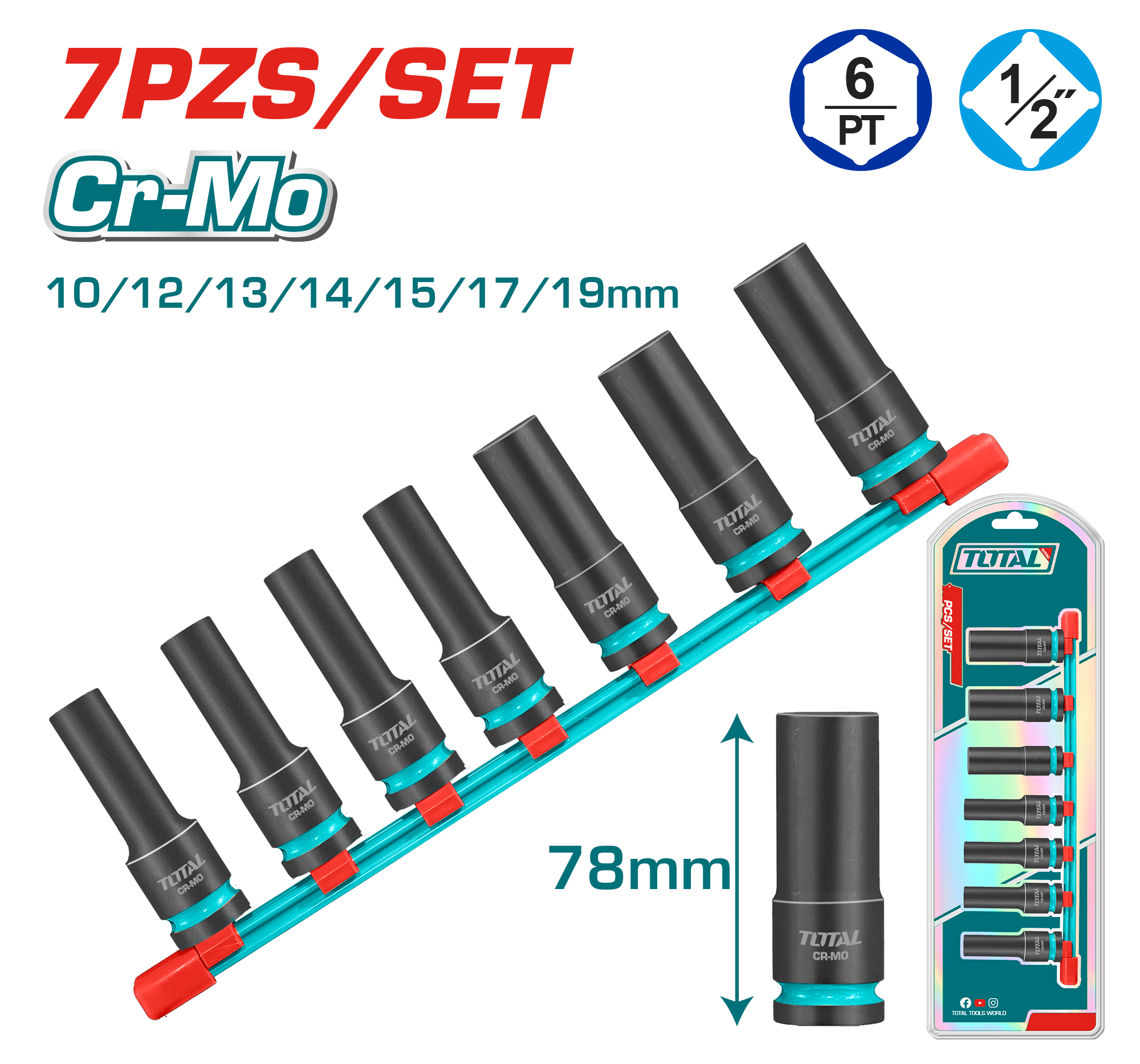 SET DADOS IMPACTO LARGO 1/2'' 10-19MM 7PCS CR-MO INDUSTRIAL