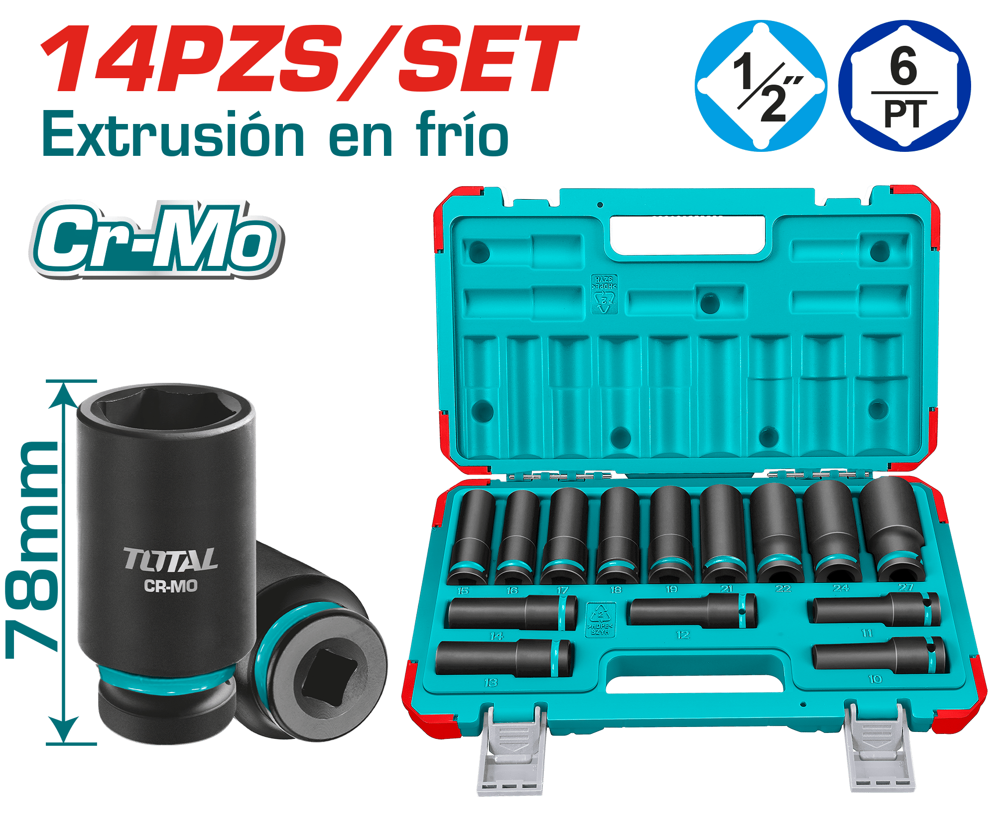SET DADOS IMPACTO LARGO 1/2'' 10-27MM 14PCS CR-MO MALETIN INDUSTRIAL