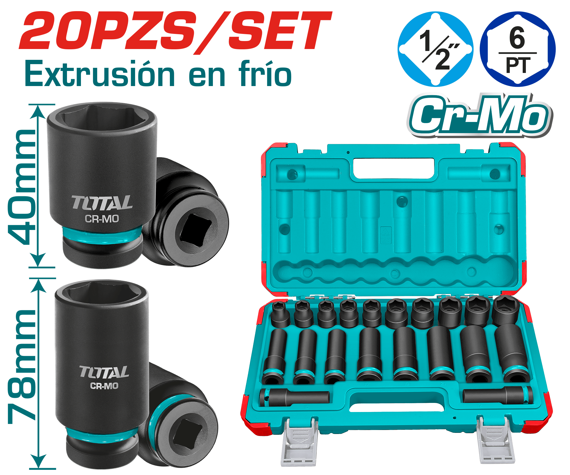 SET DADOS IMPACTO CORTO/LARGO 1/2'' 2X(10-24)MM 20PCS CR-MO MALETIN INDUSTRIAL