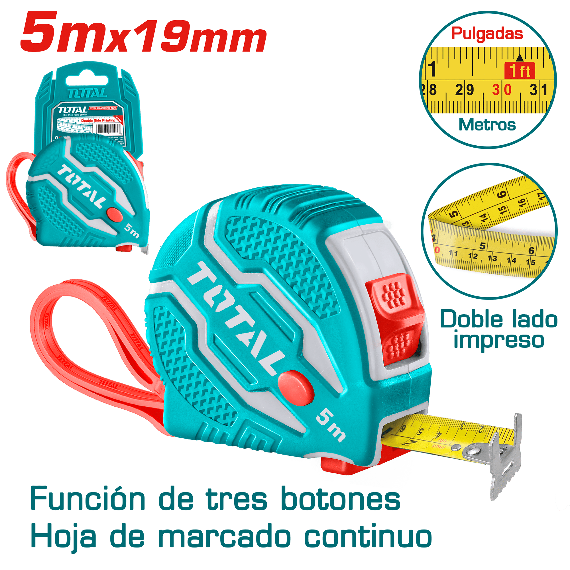 CINTA METRICA DE ACERO/ABS 3 BOTONES DOBLE LADO 5MX19MM