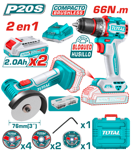 COMBO (2EN1) TALADRO 66NM + AMOLADORA 3'' 20V 2X2.0AH + ACC + MALETIN INDUSTRIAL