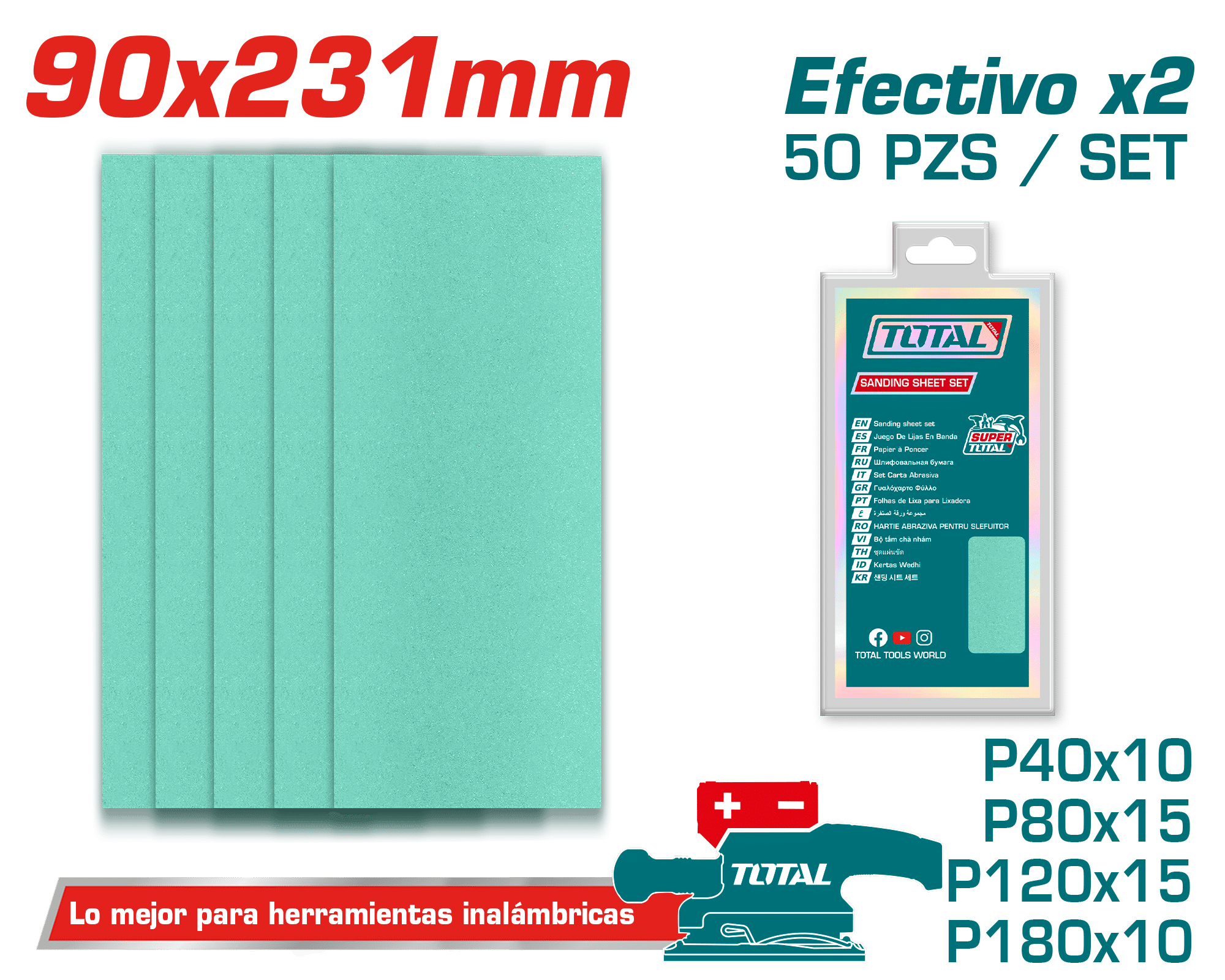 SET LIJAS P40/P80/P120/P180 50PCS 90X231MM INDUSTRIAL