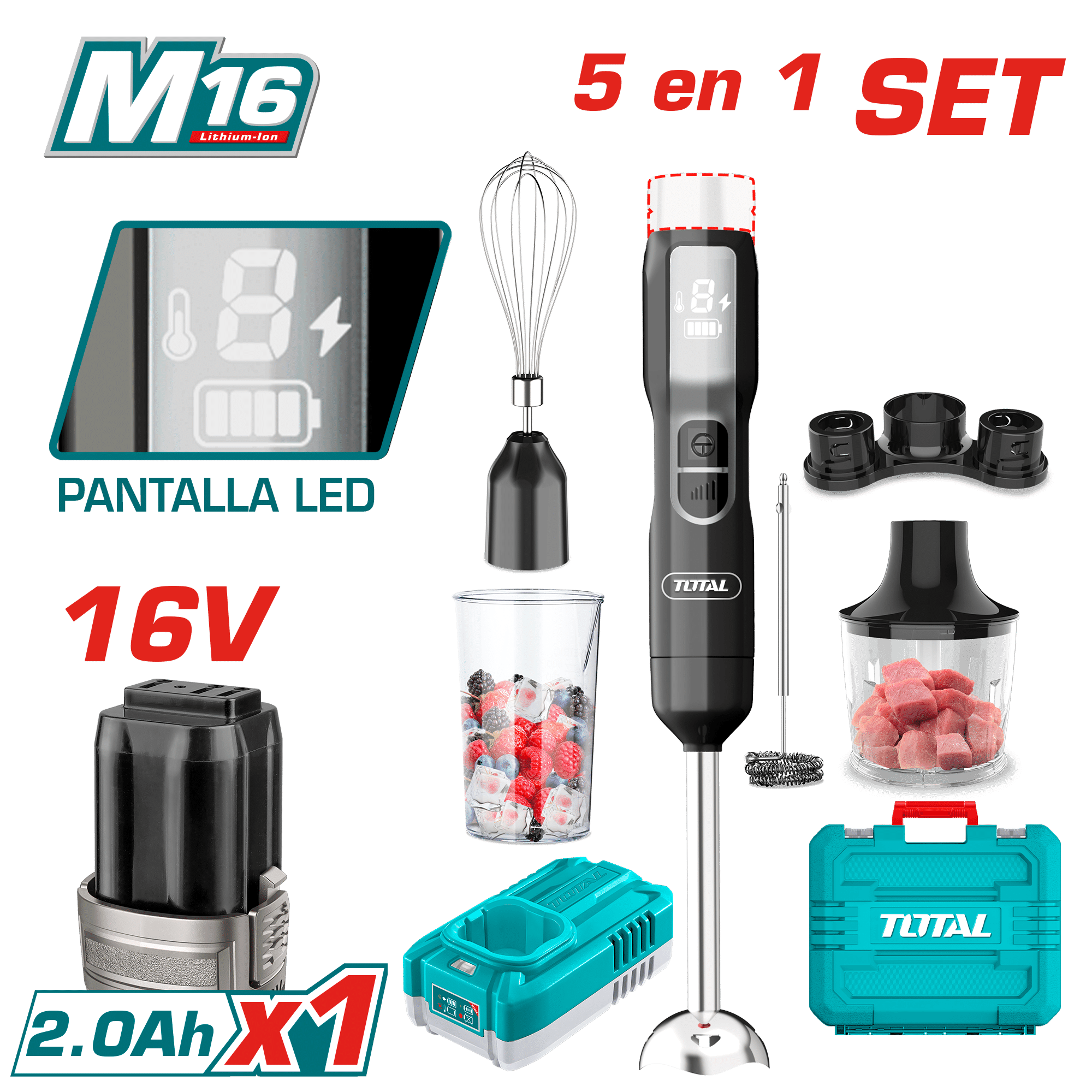 SET BATIDORA + ACCESORIOS 16V DISPLAY LED 1X2.0AH