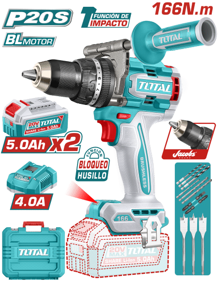 TALADRO PERCUTOR COMPACTO 20V 166NM 13MM 2X5.0AH BRUSHLESS MALETIN INDUSTRIAL