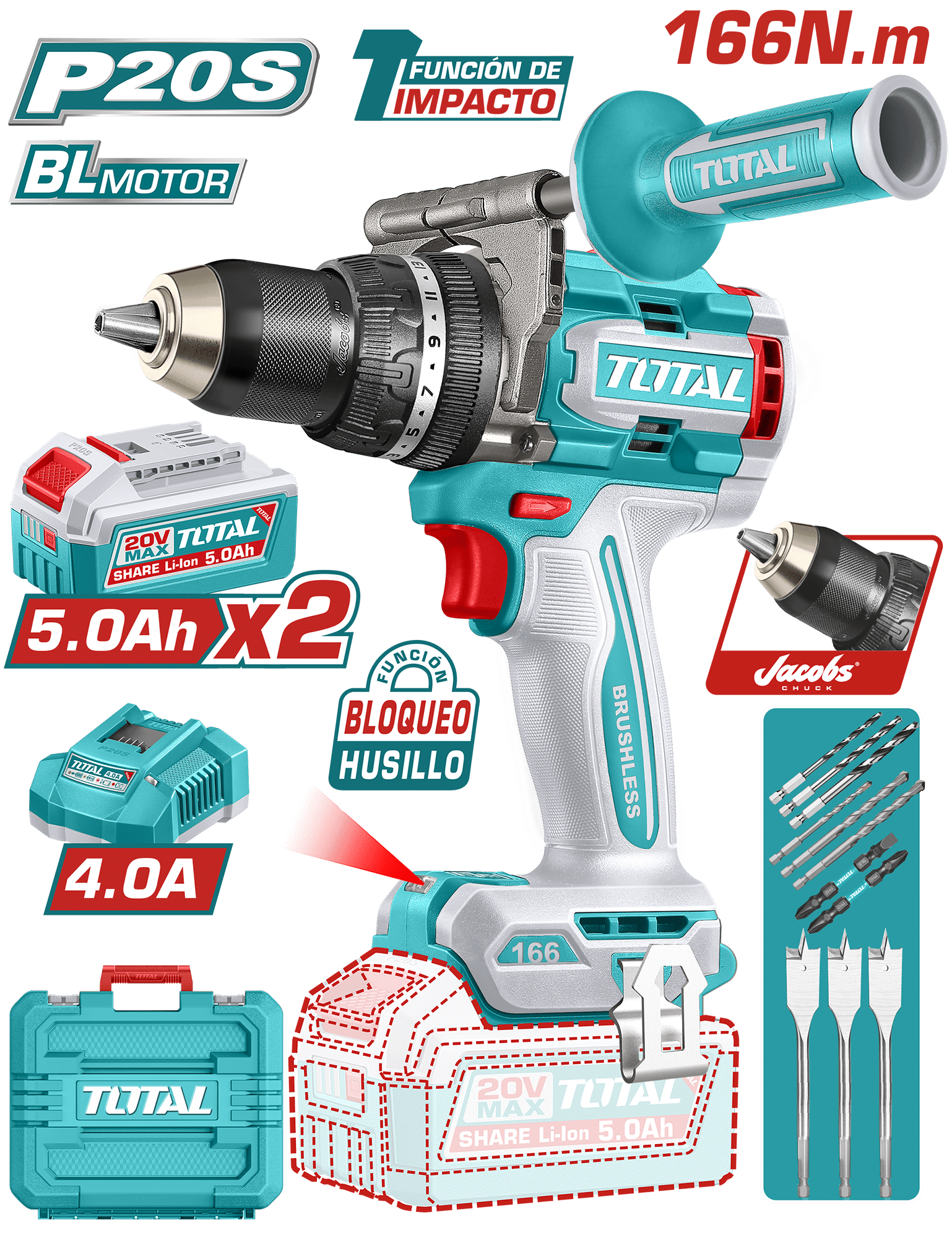 TALADRO PERCUTOR COMPACTO 20V 166NM 13MM 2X5.0AH BRUSHLESS MALETIN INDUSTRIAL