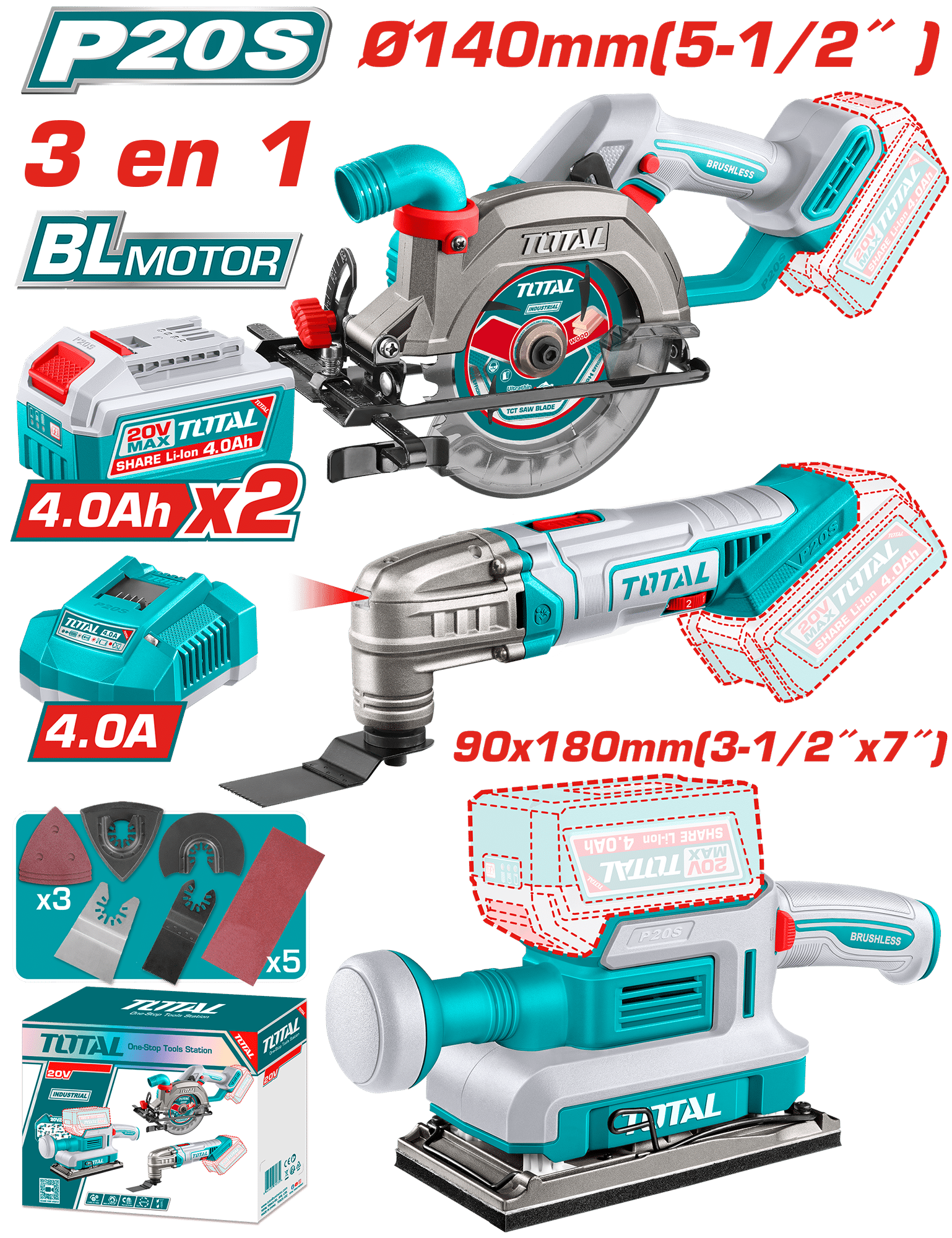 COMBO 3 EN 1 SIERRA + MULTIHERRAMIENTA + LIJADORA 20V 2X4.0AH + ACC INDUSTRIAL