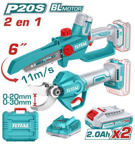 COMBO 2 EN 1 SIERRA CADENA 6'' + TIJERA PODAR 20V 2X2.0AH + MALETIN INDUSTRIAL