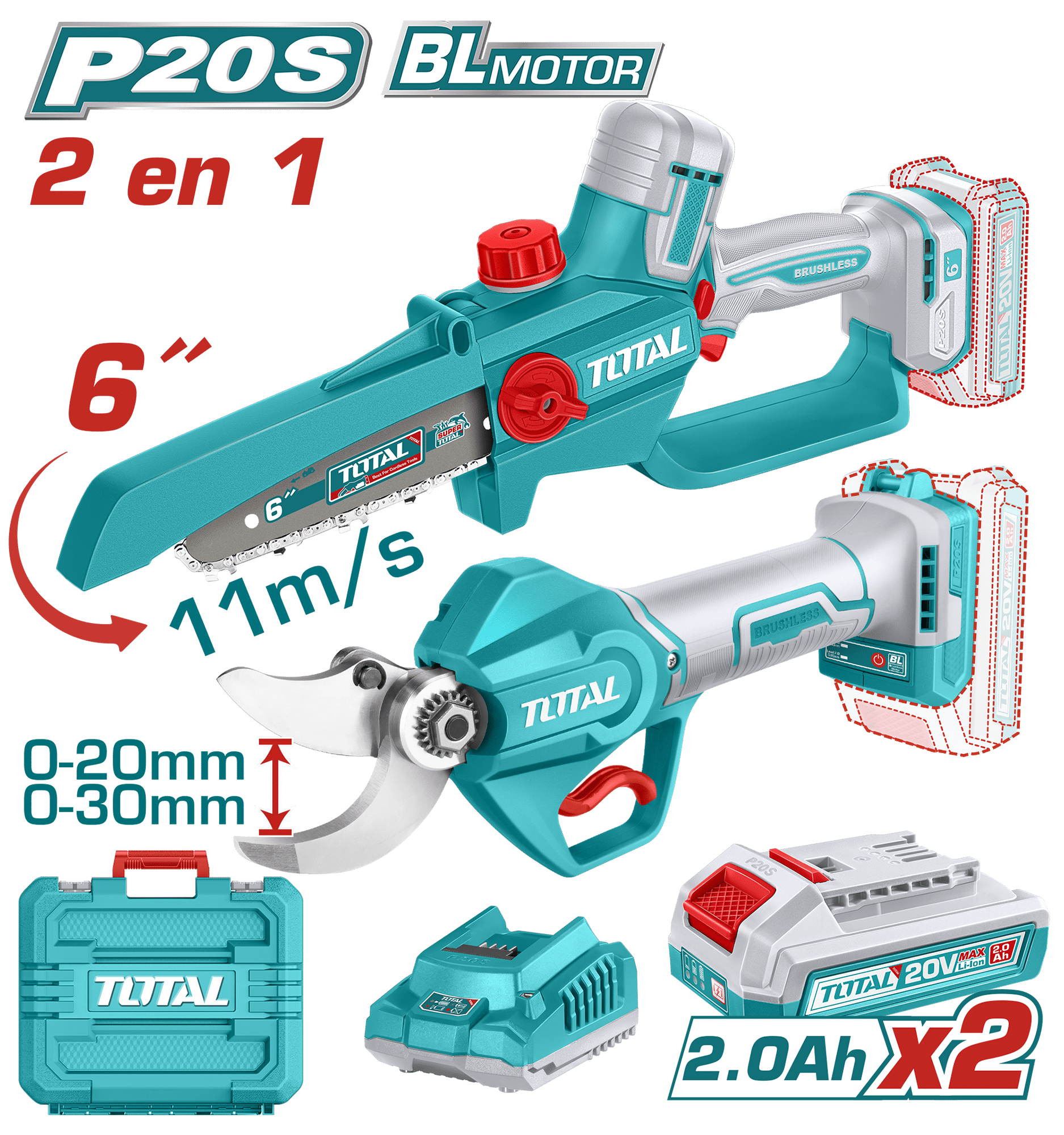 COMBO 2 EN 1 SIERRA CADENA 6'' + TIJERA PODAR 20V 2X2.0AH + MALETIN INDUSTRIAL