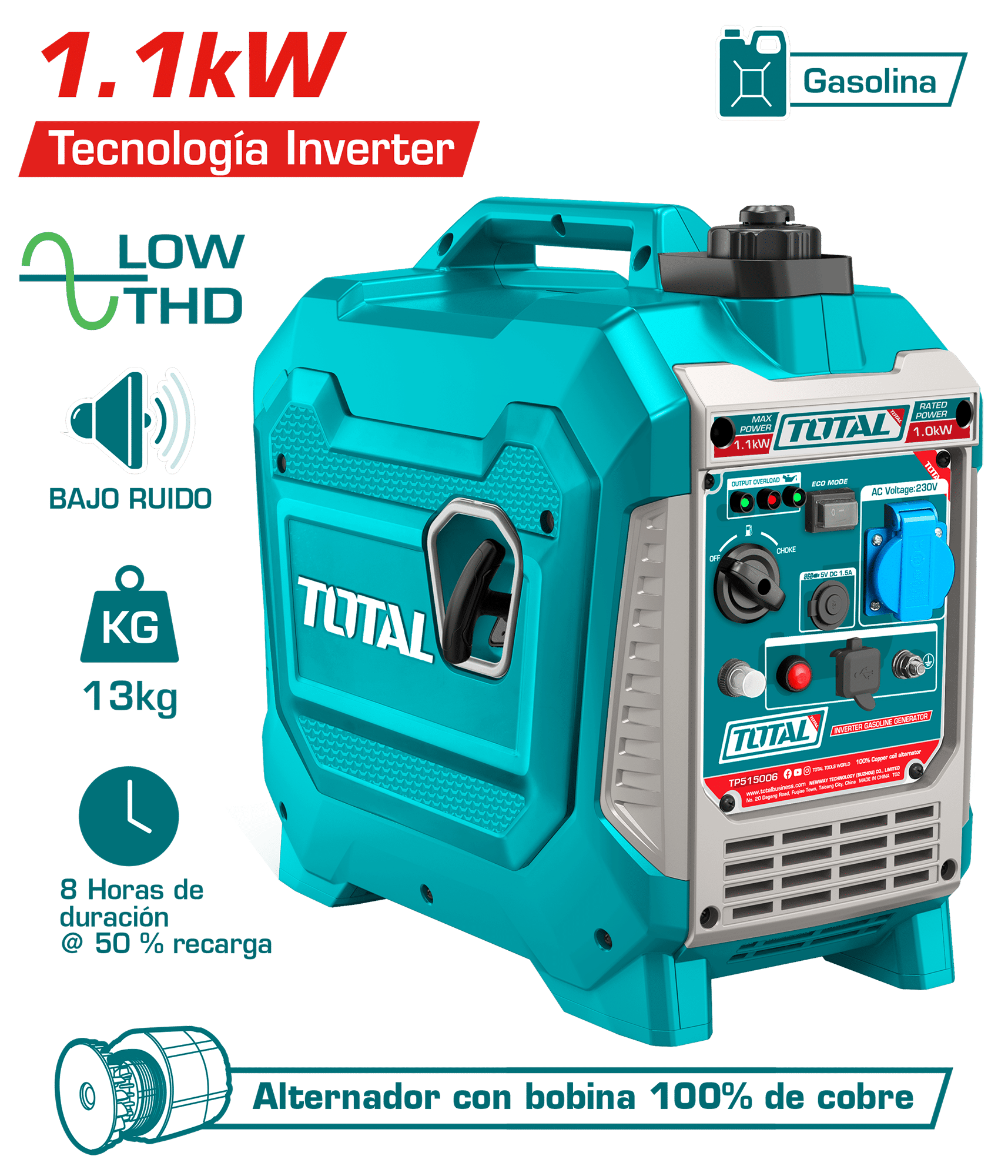 GENERADOR INVERTER 1.1KW GASOLINERO 4.3A TANQUE:3L MOTOR 56CC INDUSTRIAL