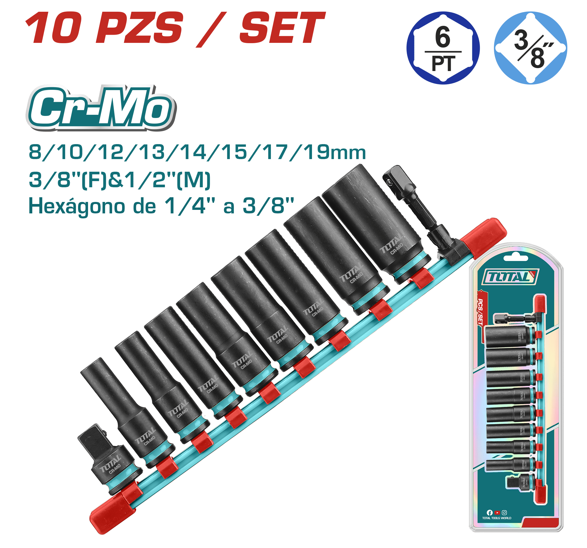 SET DADOS IMPACTO LARGO 3/8'' 8-19MM 10PCS CR-MO INC ACC INDUSTRIAL