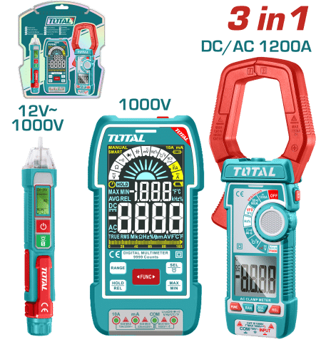 SET (3 EN 1) MULTITESTER + DETECTOR VOLTAJE + PINZA AMPERIMETRICA (ONE TIME) INDUSTRIAL