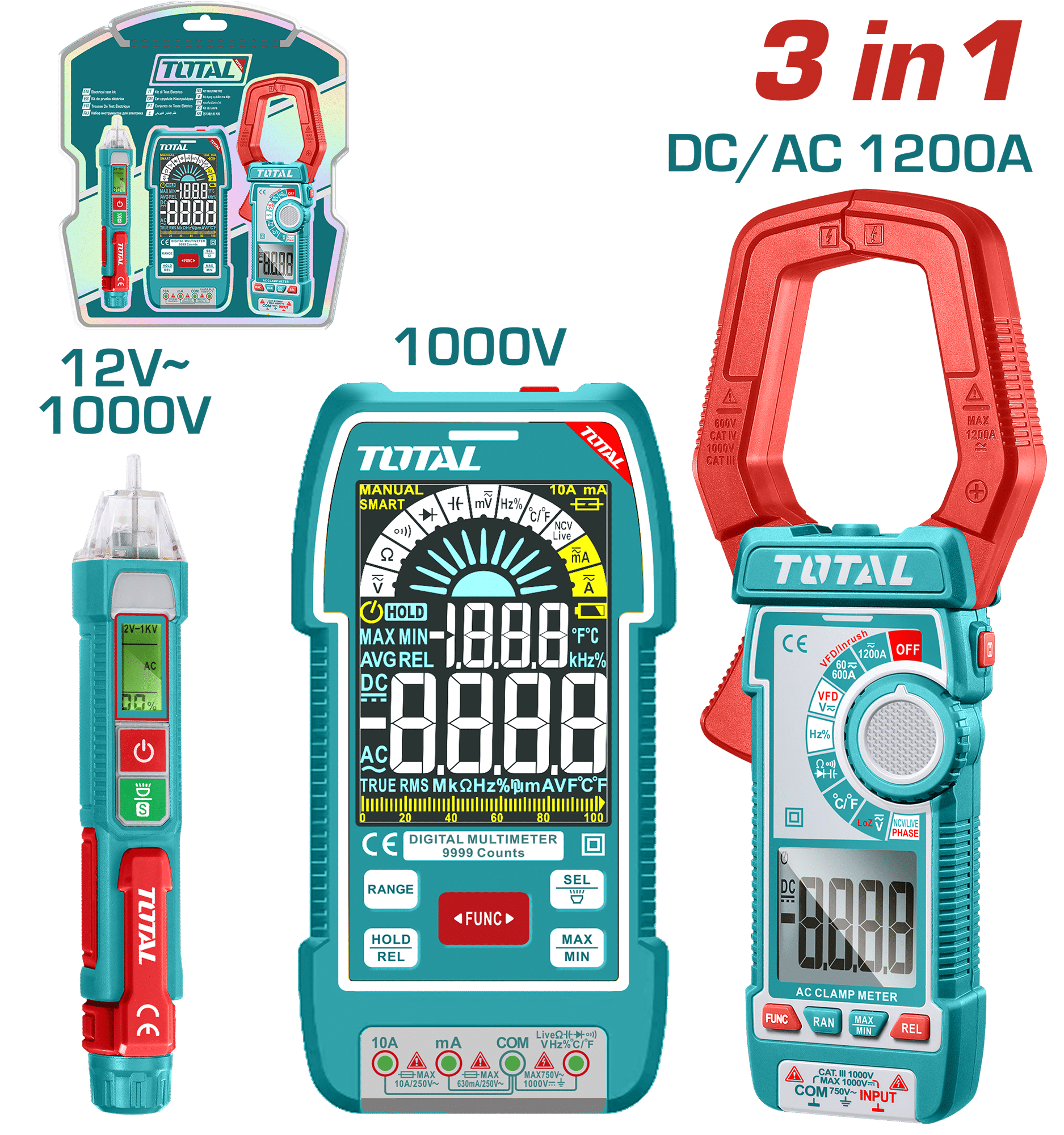 SET (3 EN 1) MULTITESTER + DETECTOR VOLTAJE + PINZA AMPERIMETRICA (ONE TIME) INDUSTRIAL