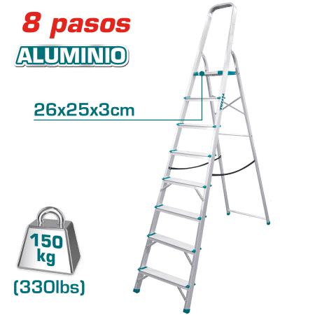 ESCALERA TIJERA ALU 8 PASOS 150KG PLAT.SUP: 26X25X3CM