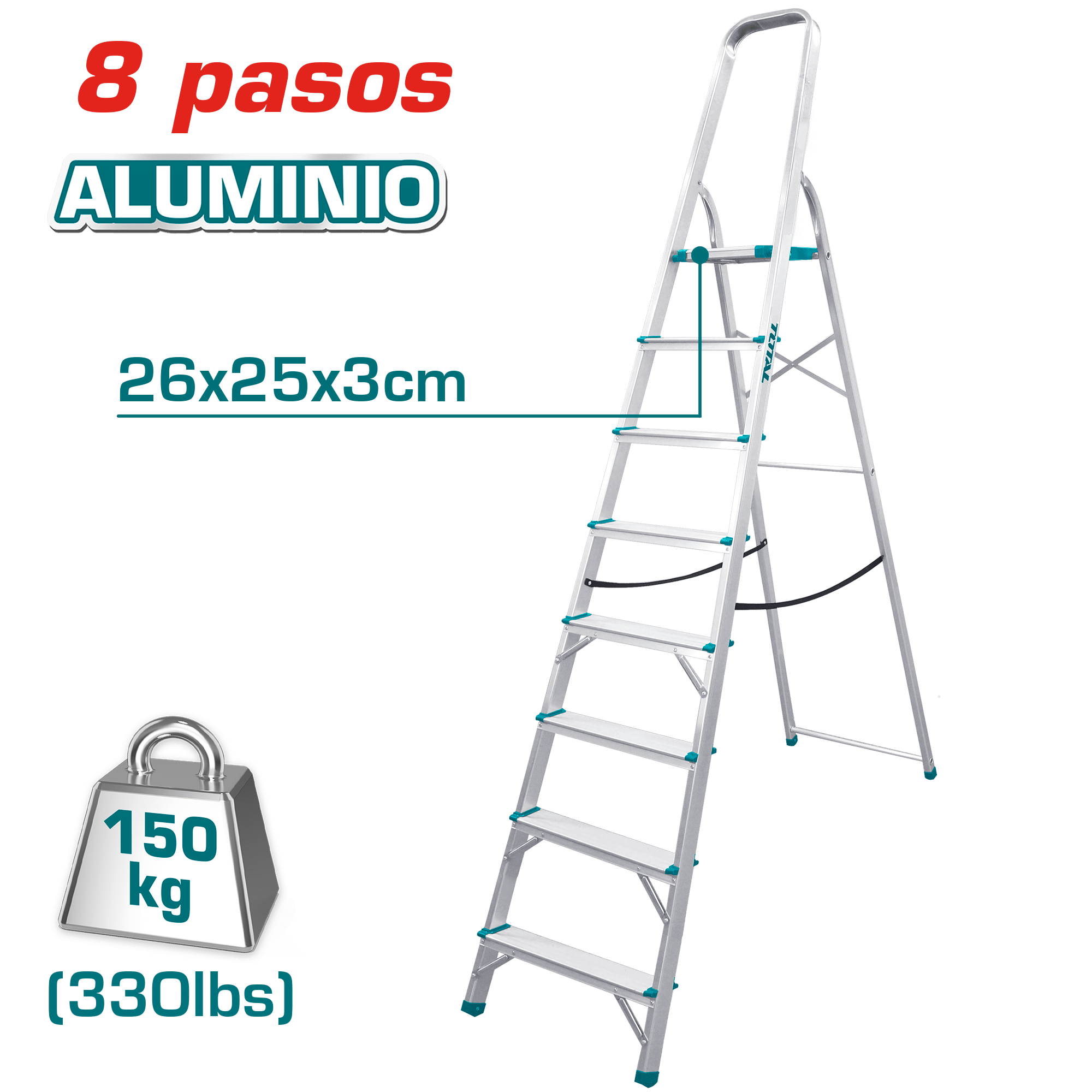 ESCALERA TIJERA ALU 8 PASOS 150KG PLAT.SUP: 26X25X3CM