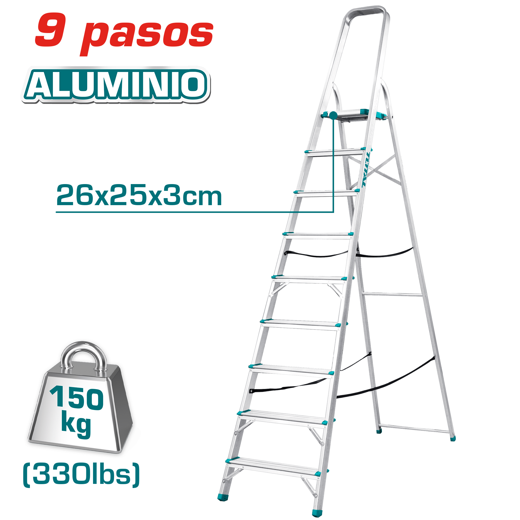 ESCALERA TIJERA ALU 9 PASOS 150KG PLAT.SUP: 26X25X3CM