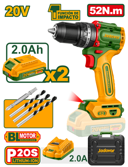 TALADRO PERCUTOR BL 20V 52NM 13MM 2X2.0AH +ACC +MALETIN INDUSTRIAL